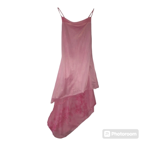 Pink Asymmetric Hem Lined Spagetti Straps Evening Dress Embroidered Fans Sz S - Picture 7 of 7